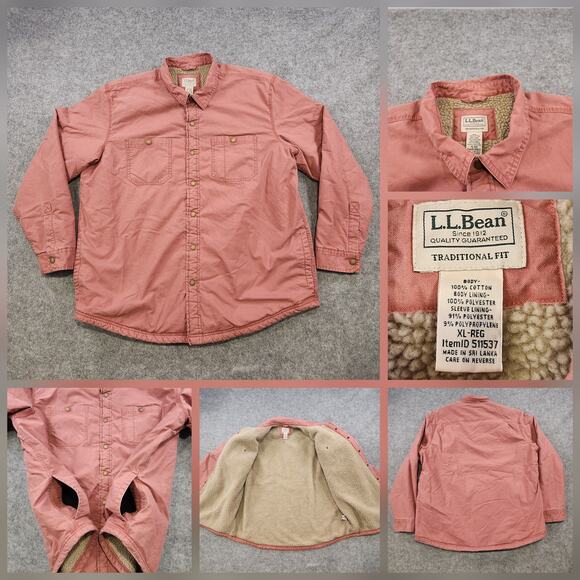 LL Bean Shirt Jacket Mens XL Red Lined Sherpa Fleece Heavyweight Pockets Shacket - Picture 1 of 14